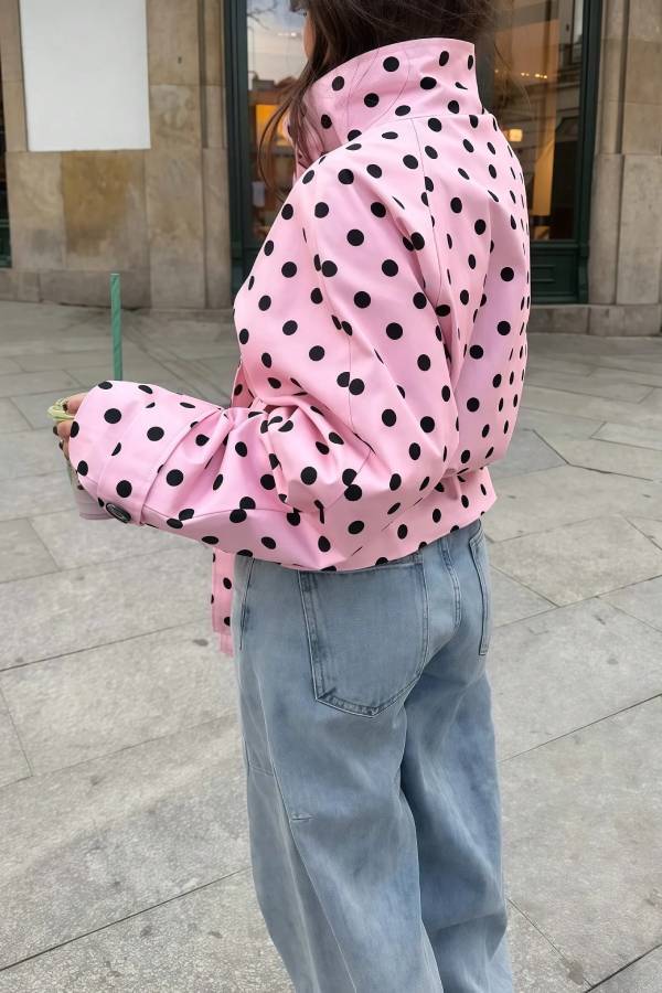 Levvie Polka Dot High Neck Long Sleeve Belted Pocket Crop Trench Jacket