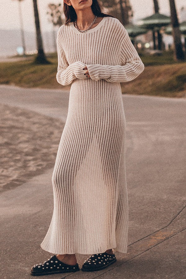 Change Season Sheer Knit Long Sleeve Ribbed Trim Slit Midi Dress