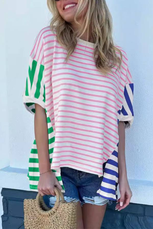 Color Block Stripe Patchwork Irregular Hem Oversized Batwing Sleeve T Shirt