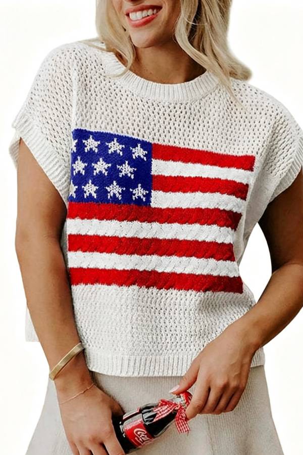American Flag Hollow‑Out Knit Vest Top