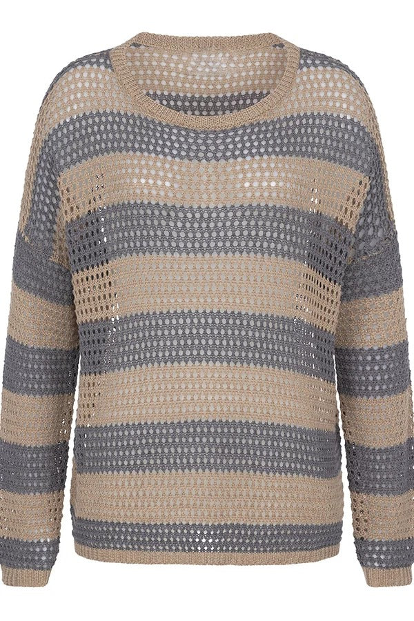 Stylish Knit Color-blocked Stripes Cutout Wide Neck Long Sleeve Relaxed Sweater