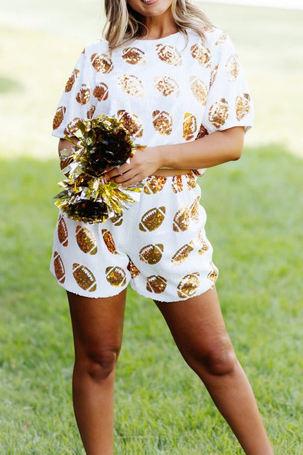 White And Gold Sequin Football Short Set