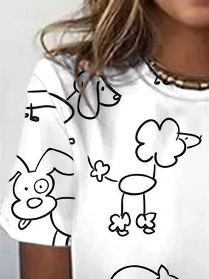Women's Cute Dog And Cat Print T-Shirt