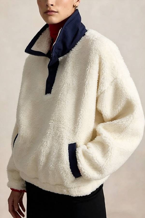 Cute Bear Print Colorblock High-Pile Fleece Zipper High Neck Long Sleeve Pocket Sweatshirts