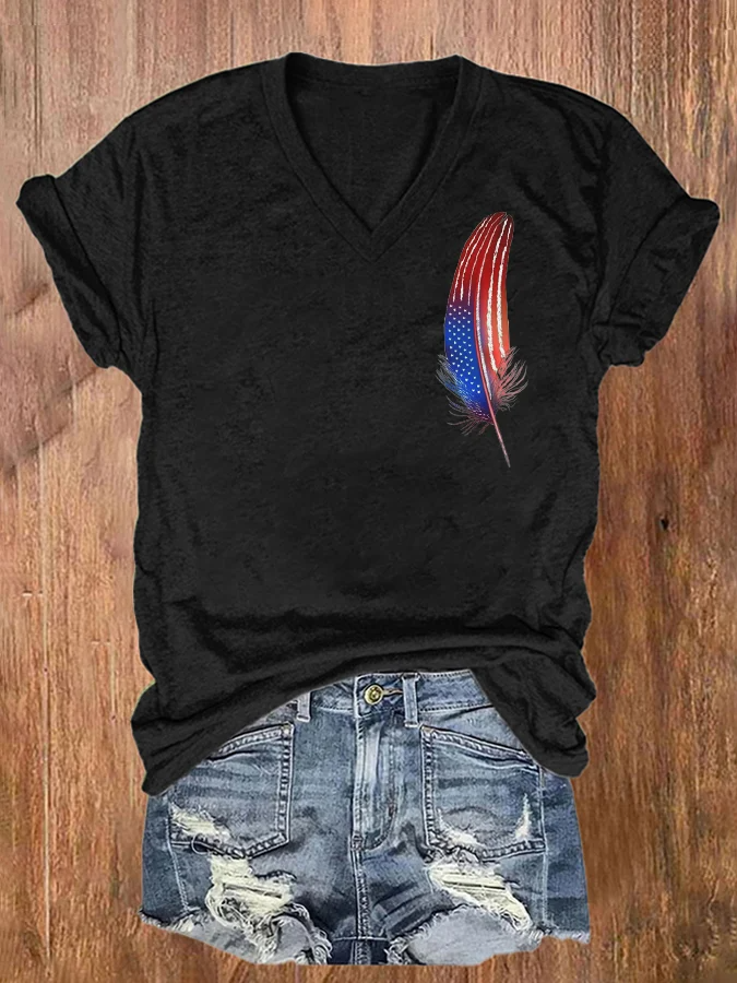 Women's Feather Flag Independence Day Print V-Neck T-Shirt