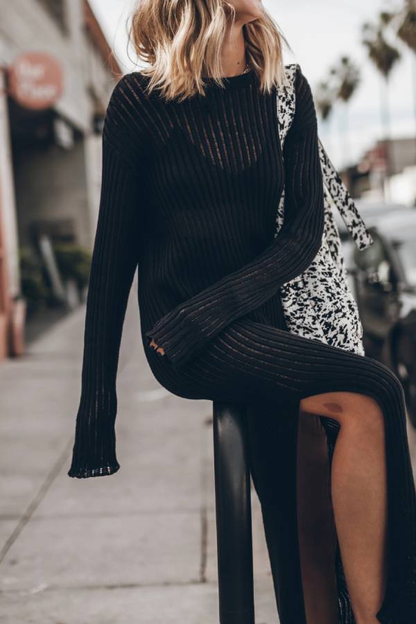 Change Season Sheer Knit Long Sleeve Ribbed Trim Slit Midi Dress