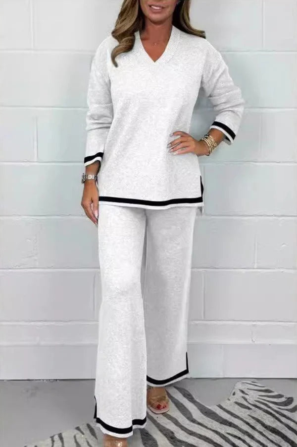 Solid Color V-neck Long-sleeved Loose Top and Elastic Waist Wide-leg Pants Set