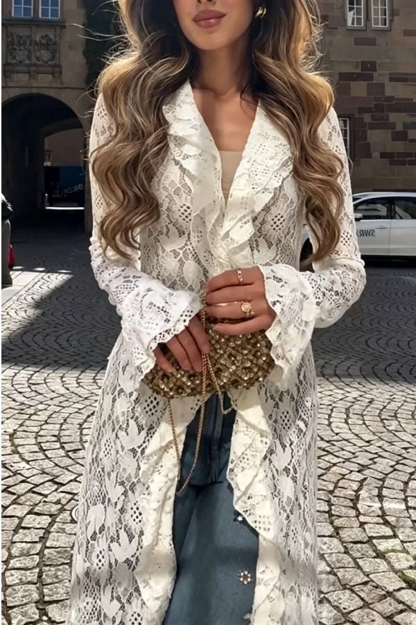 Vivianna Floral Lace Ruffles Trim Long Bell Sleeve Lapel Maxi Dress