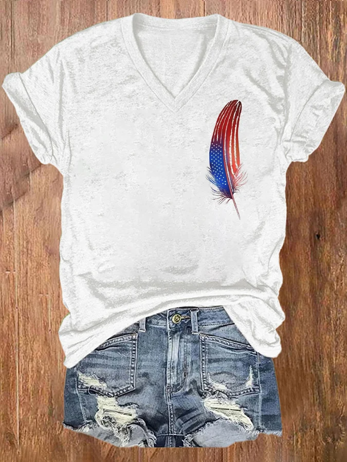 Women's Feather Flag Independence Day Print V-Neck T-Shirt