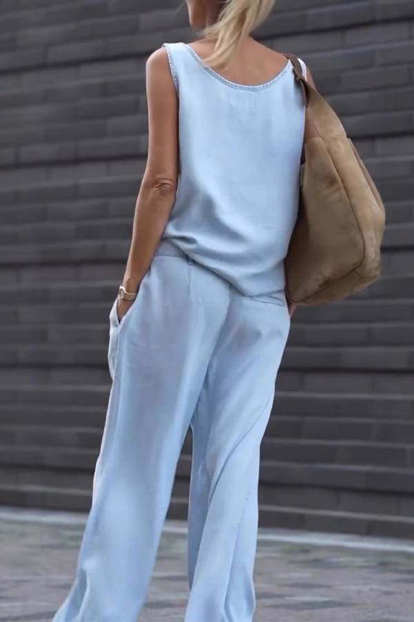 Tencel Denim V‑Neck Sleeveless Top & Wide Leg Pants Two‑Piece Set