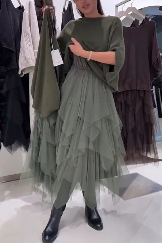 Erini Knit Batwing Sleeve Sweate and Layered Ruffle Mesh Tank Midi Dress Two Pieces Set