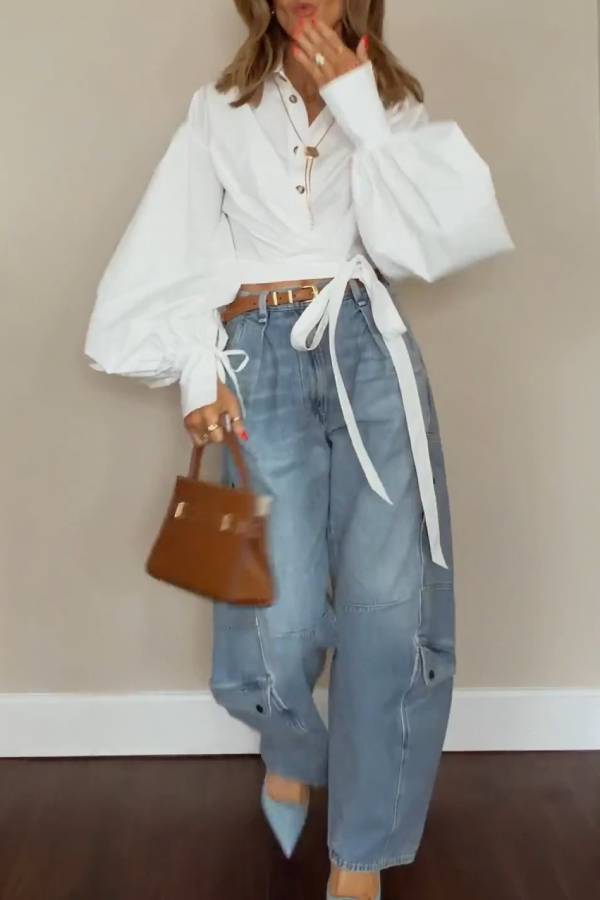 Light Blue Multi‑Pocket Cargo Wide‑Leg Jeans