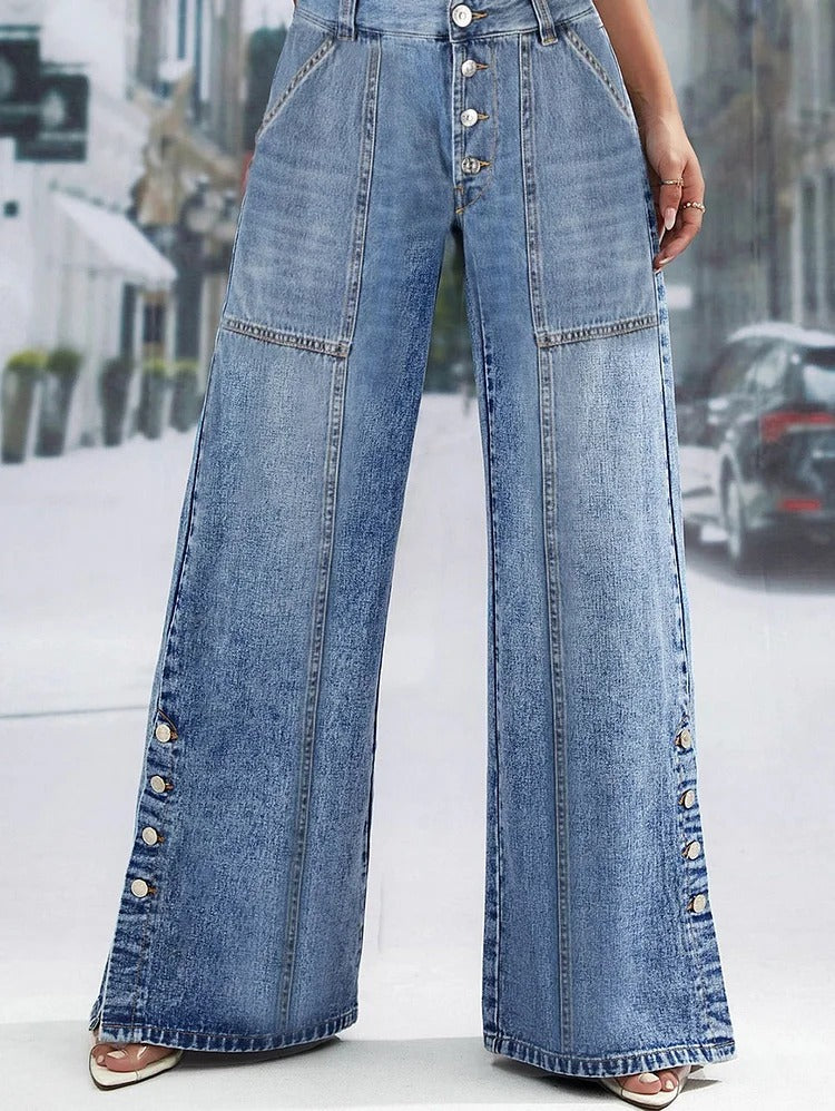 UR Daily Spliced Button Denim Straight Wide Leg Jeans