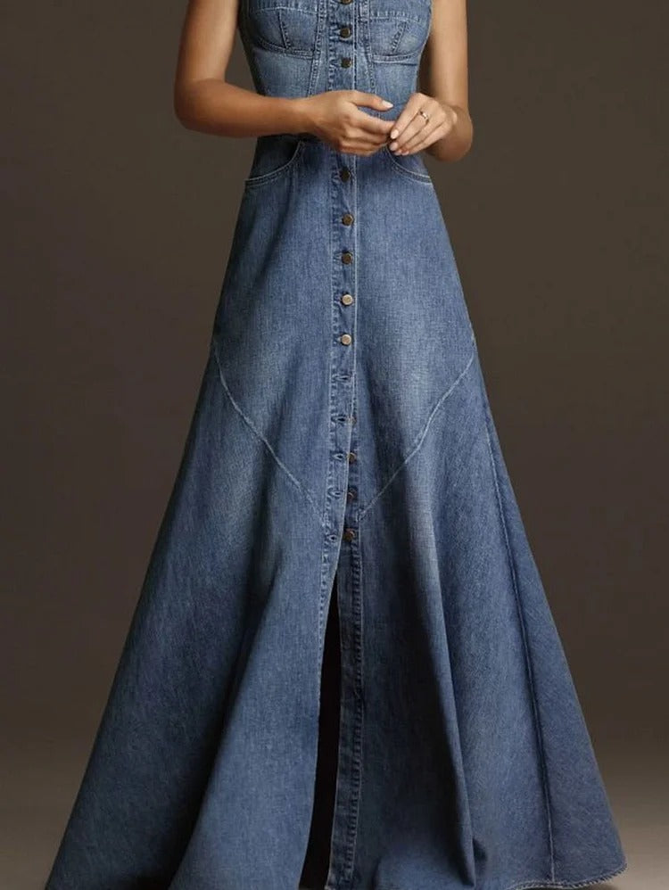 Vintage Plain Square Neck Button Denim Maxi Cami Dress