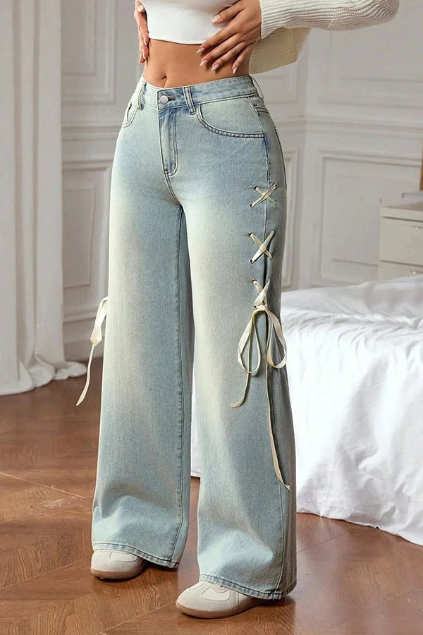 Fashionable Denim Mid Rise Side Ribbon Lace-up Pocket Wide Leg Jeans
