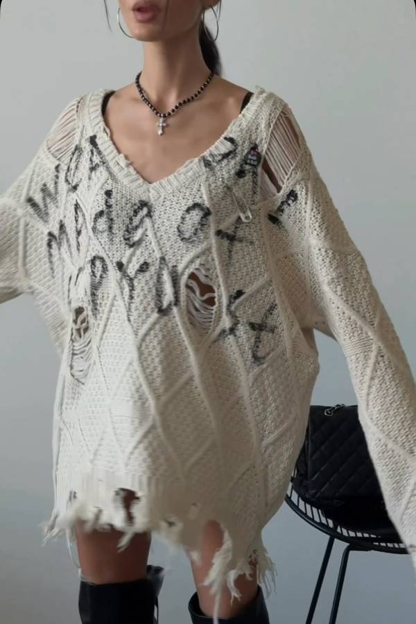 Distressed Ripped Letter V‑Neck Argyle Sweater