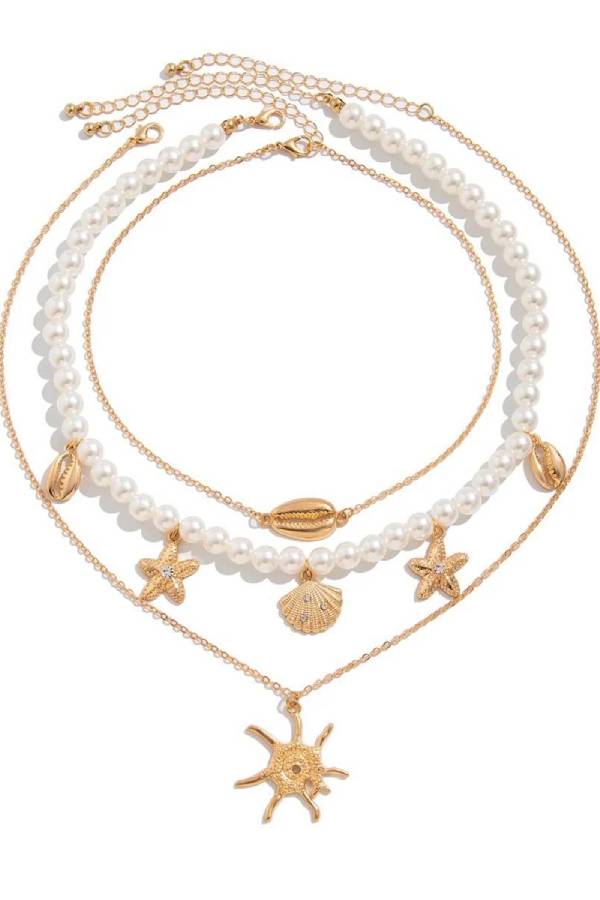 Bohemian Imitation Pearl Holiday Style Retro Starfish Shell Pendant Necklace Set