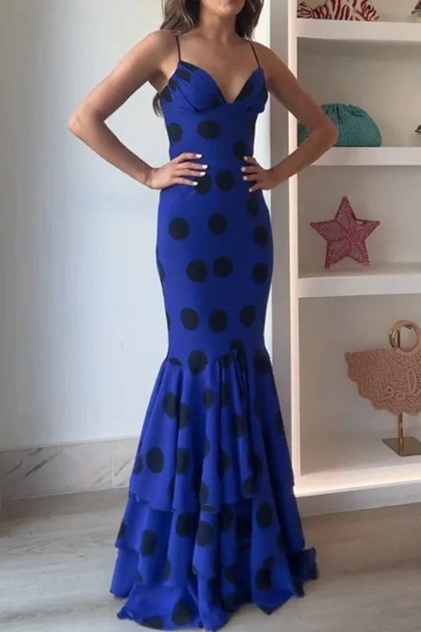 Eliora Mesh Polka Dot Print Gathered Bust Layered Fishtail Hem Maxi Dress