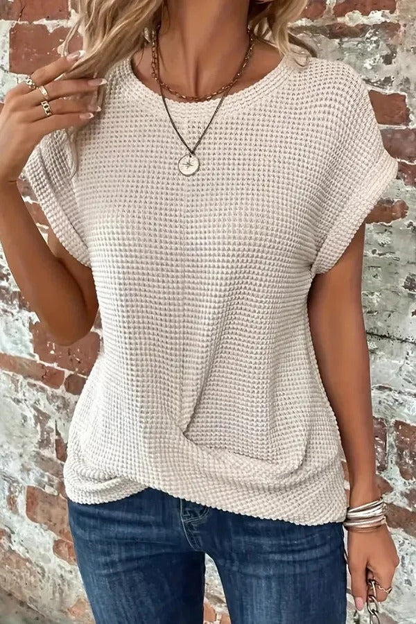 Solid Round Neck Short Sleeve Twisted Top