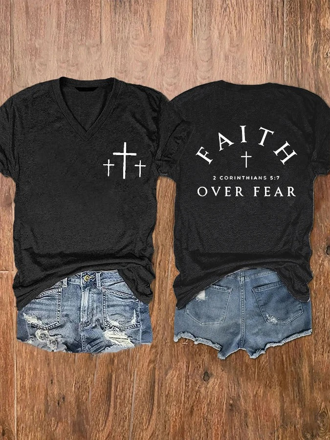 Women's Faith Over Fear Cross Print V-Neck T-Shirt