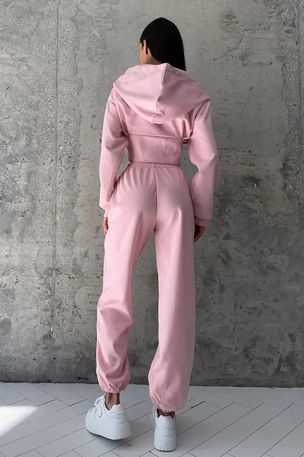 Solid Color Waist Corset Hooded Sweatshirt Jacket and Elastic Waist Athletic Jogger Pants Set
