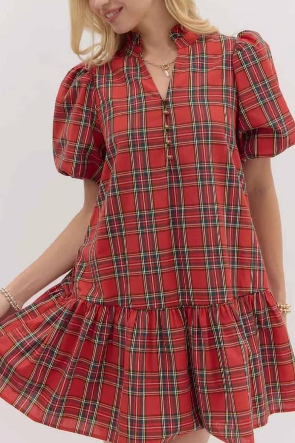 Puff Sleeve Ruffled Plaid A-Line Dress