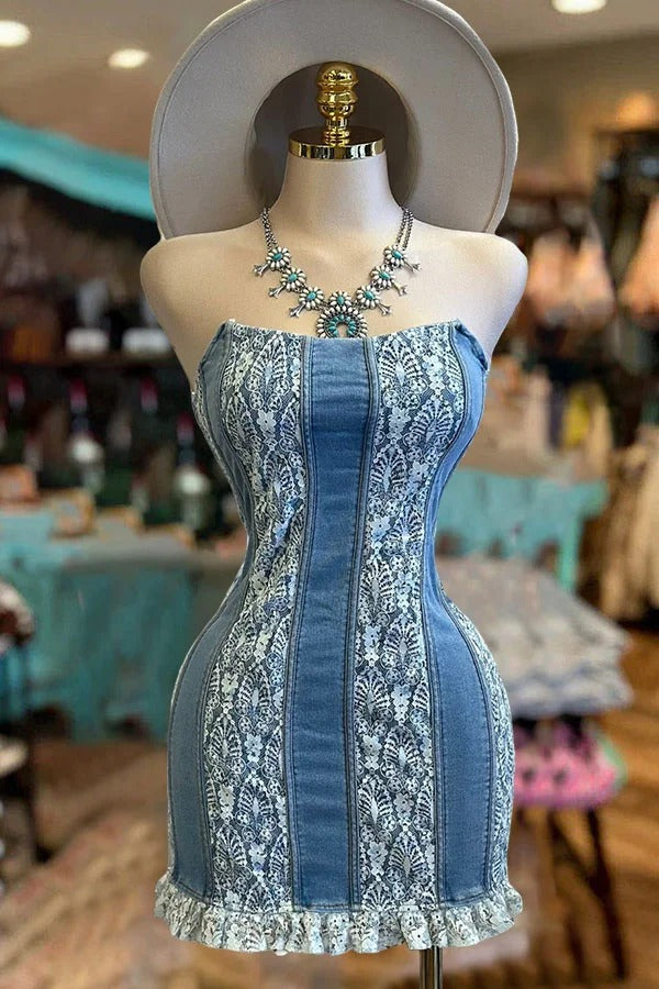 Pretty Strapless Lace Denim Mini Dress