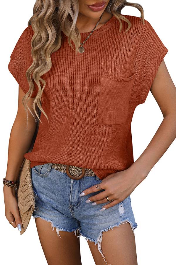 Crew Neck Pocket Batwing Short Sleeve Knit Top