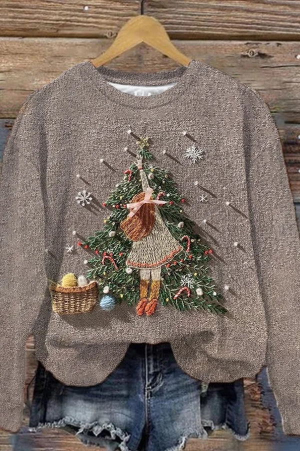 Women's Little Girl Decorated Christmas Tree Sweatshirt.