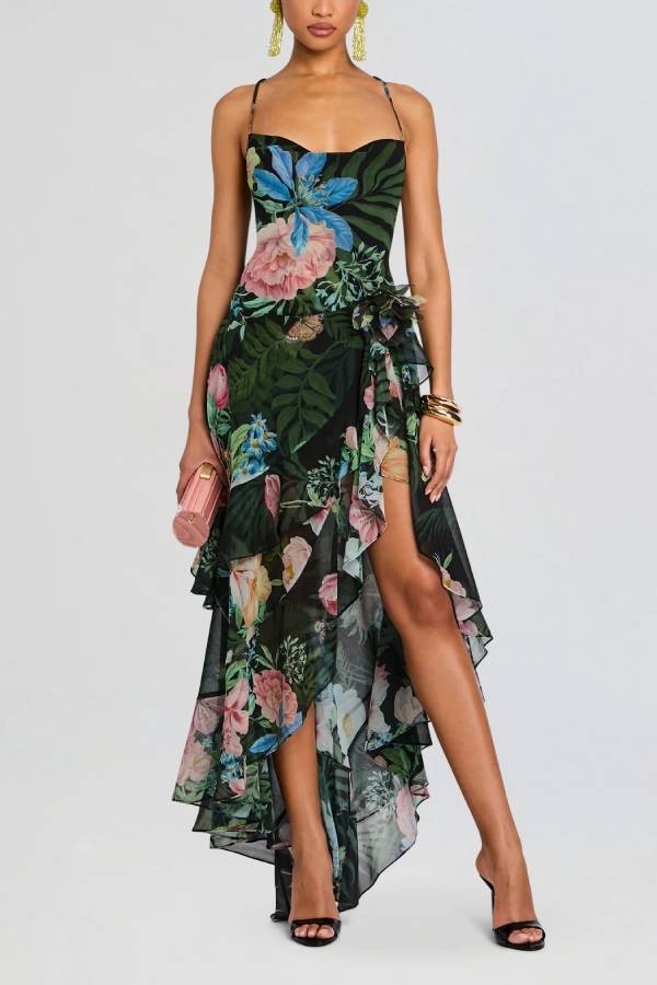 Vacation Floral Print Spaghetti Strap Backless Asymmetrical Ruffle Maxi Dress
