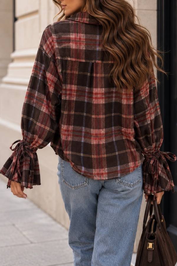 Vintage Plaid Tie Flare Sleeve Shirt