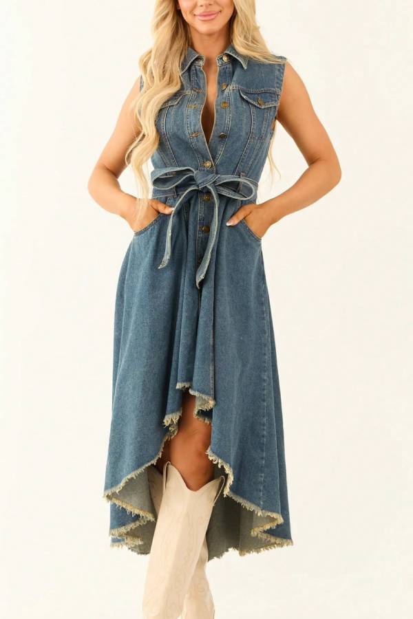 Sleeveless Collared Denim Belted Waist Irregular Raw Hem Midi Dress