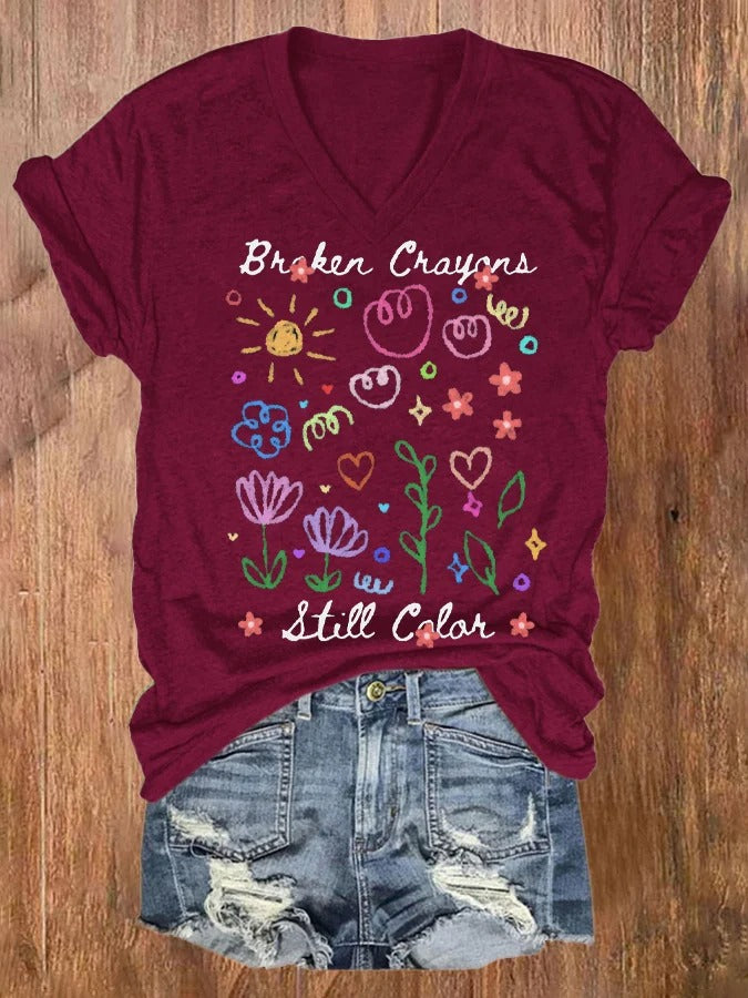 Women's Broken Crayons Still Color Mental Health Print V-Neck Short Sleeve T-Shirt