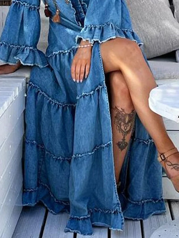 Casual Denim Ruffle Split Tiered Maxi Dress