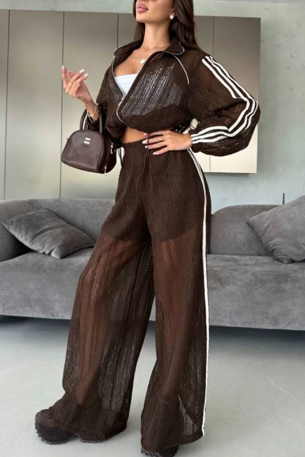 Casual Sporty Hollow Knit Stripe Cropped Jacket & Wide‑Leg Pants Two‑Piece Set
