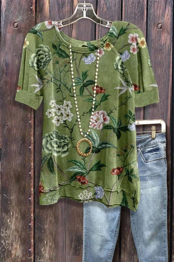 Retro Floral Print Short Sleeve Top