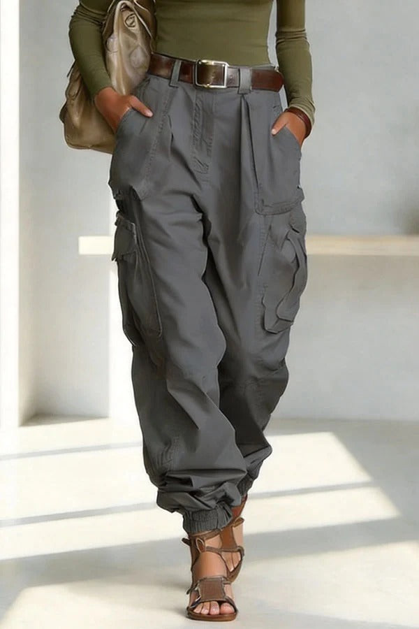 Street Style Solid Color High Waist Pocketed Loose Fit Cargo Pants
