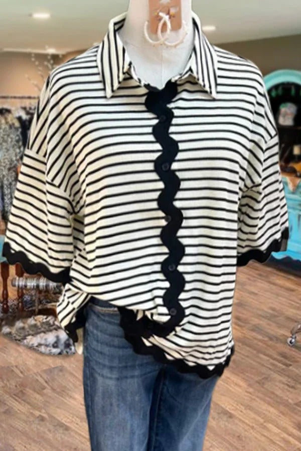 Striped Button Down Collared Ric Rac Trim Top