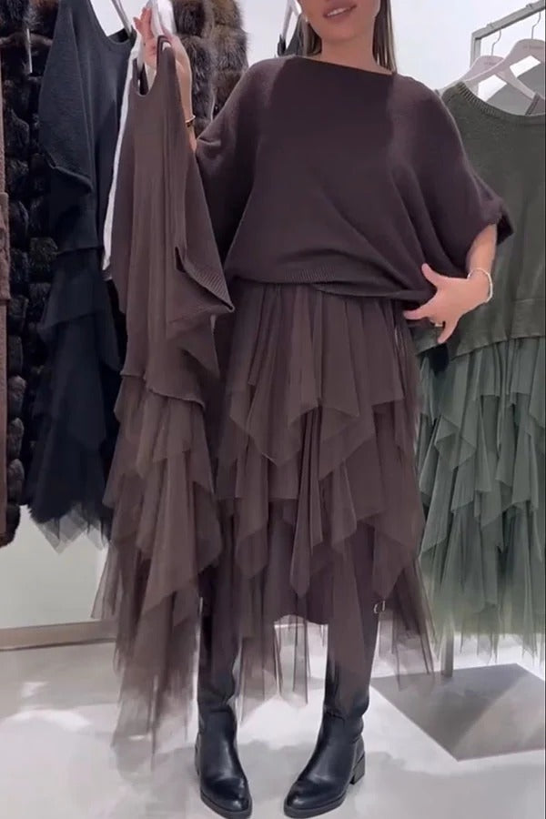 Erini Knit Batwing Sleeve Sweate and Layered Ruffle Mesh Tank Midi Dress Two Pieces Set