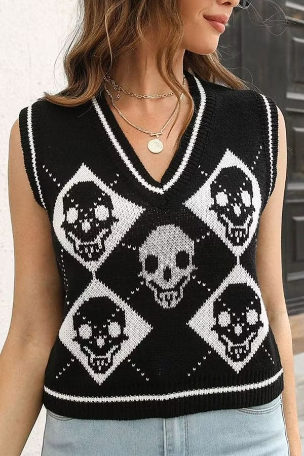 Halloween Skull Argyle Knit Sweater Vest