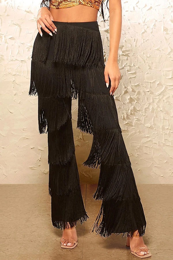 Calista Tiered Tassels Trim Elastic Waistband Flare Leg Pants