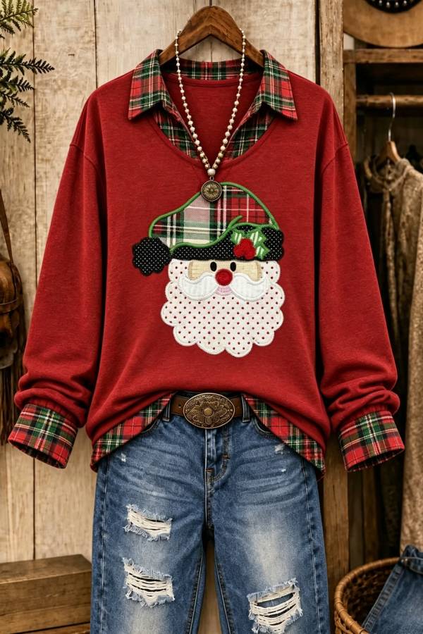 Christmas Santa Print V-Neck Long Sleeve Top