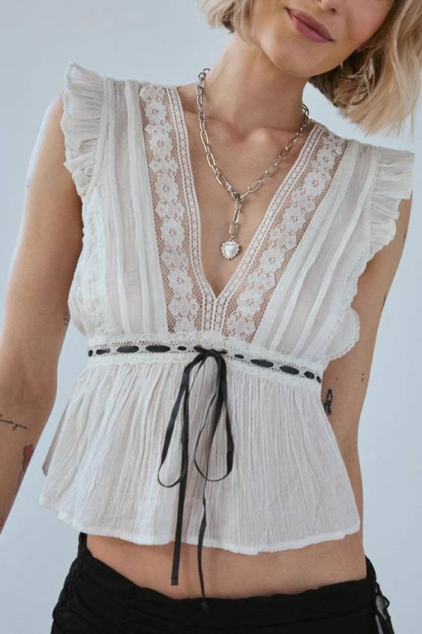 V-Neck Lace Ruffled Tie-Waist Crop Top