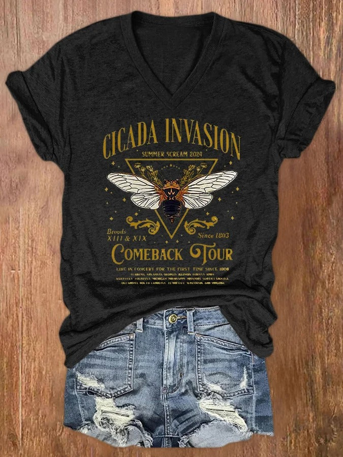 Women's Cicadas Invasion Comeback Tour Print V Neck T-shirt