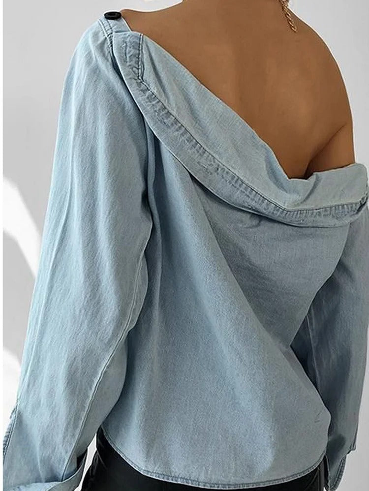 UR Casual Light Blue Button Neck Off Shoulder Long Sleeve Denim Shirt