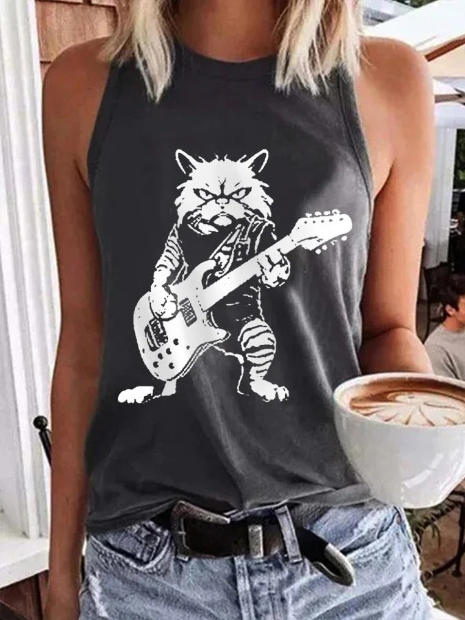 Women's Rock Cat Playing Guitar Casual Vest