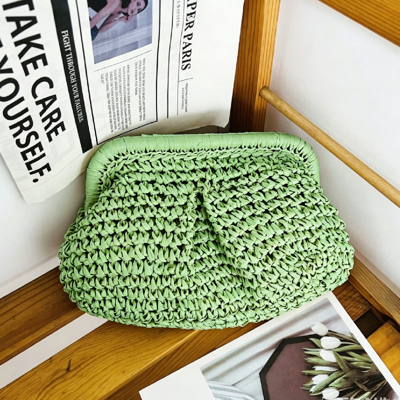Ruched Woven Cloud Straw Clutch Bag