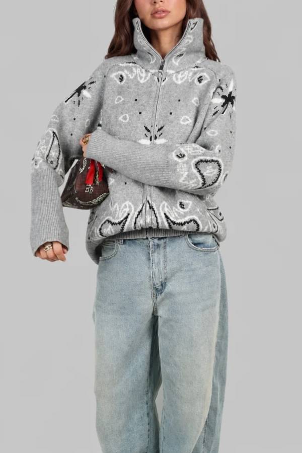 Paisley Bandana Print High Collar Zip Up Knit Cardigan