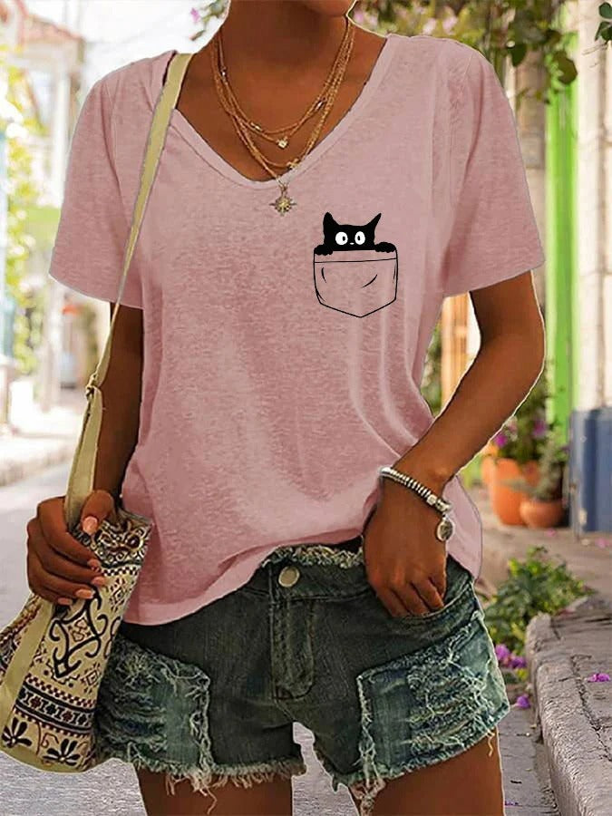 Women's Black Cat Funny Print V-Neck T-shirt