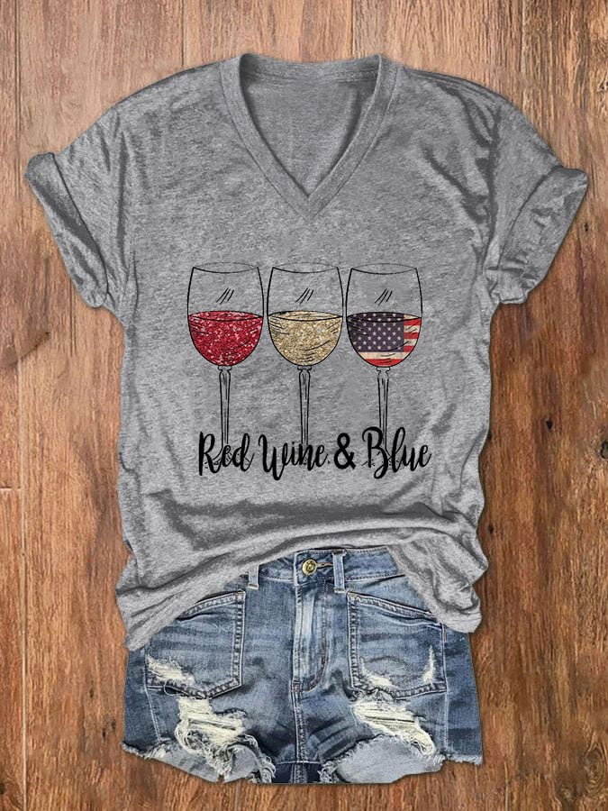 Women's Red Wine Blue Red Wine Glass Flag Print V-Neck Basic T-Shirt